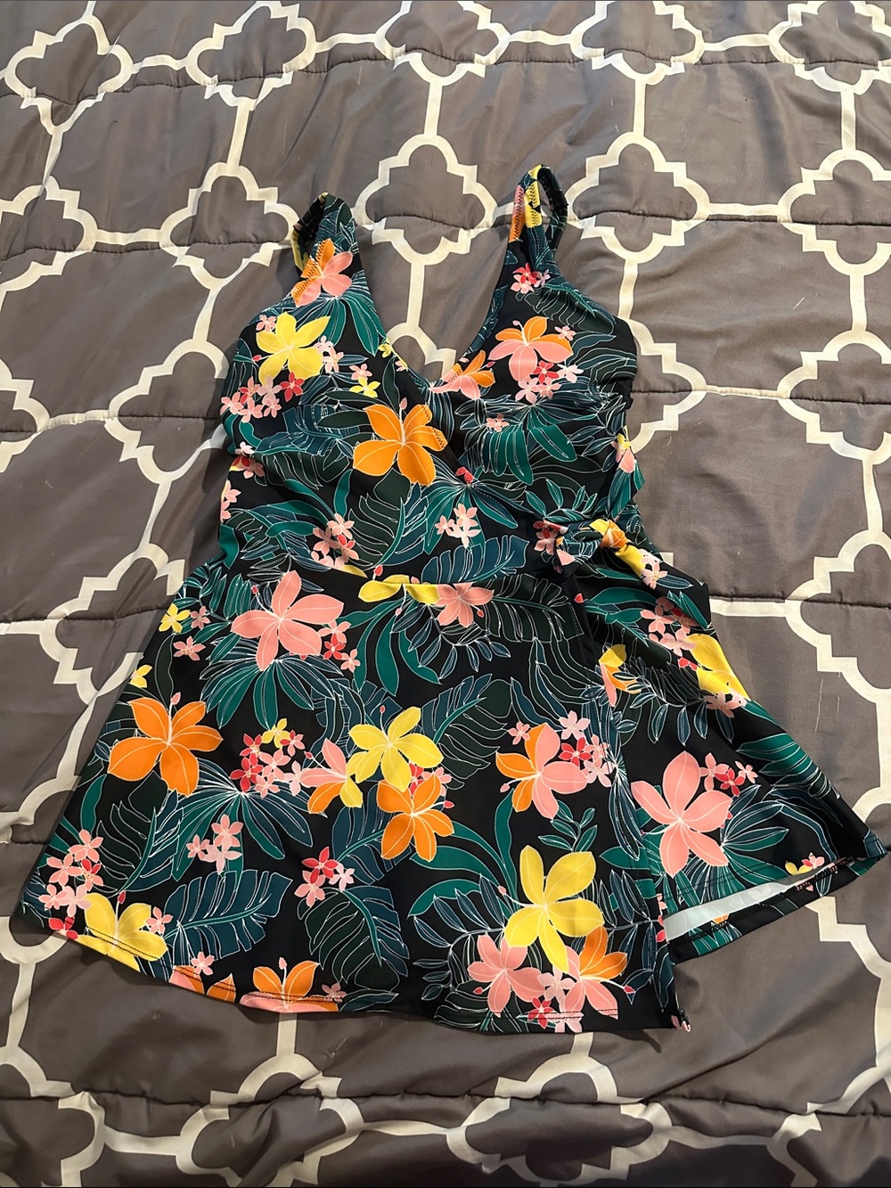 Old Navy Black Floral One-Piece Swimsuit with Yellow, Orange and Pink Flowers